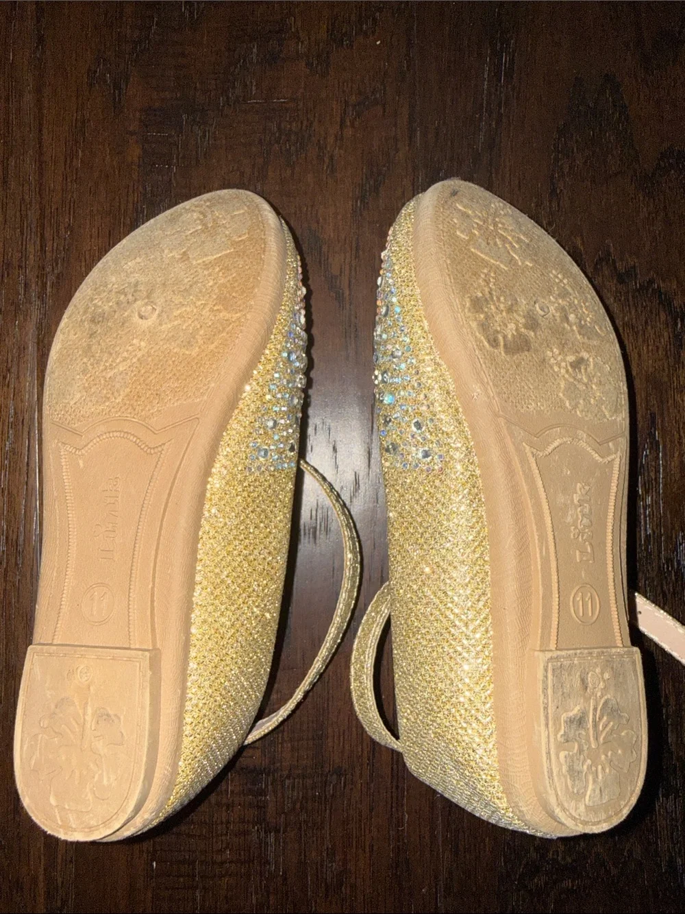Girls Gold Glitter Rhinestone Ankle-Strap Flats